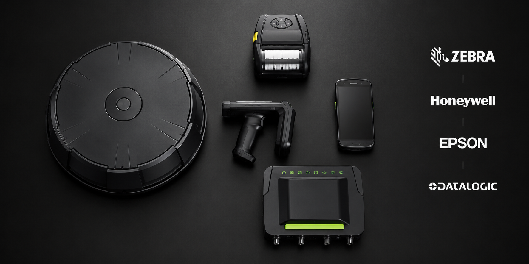 AIDC barcode and RFID hardware — scanners, RFID tags and label printers