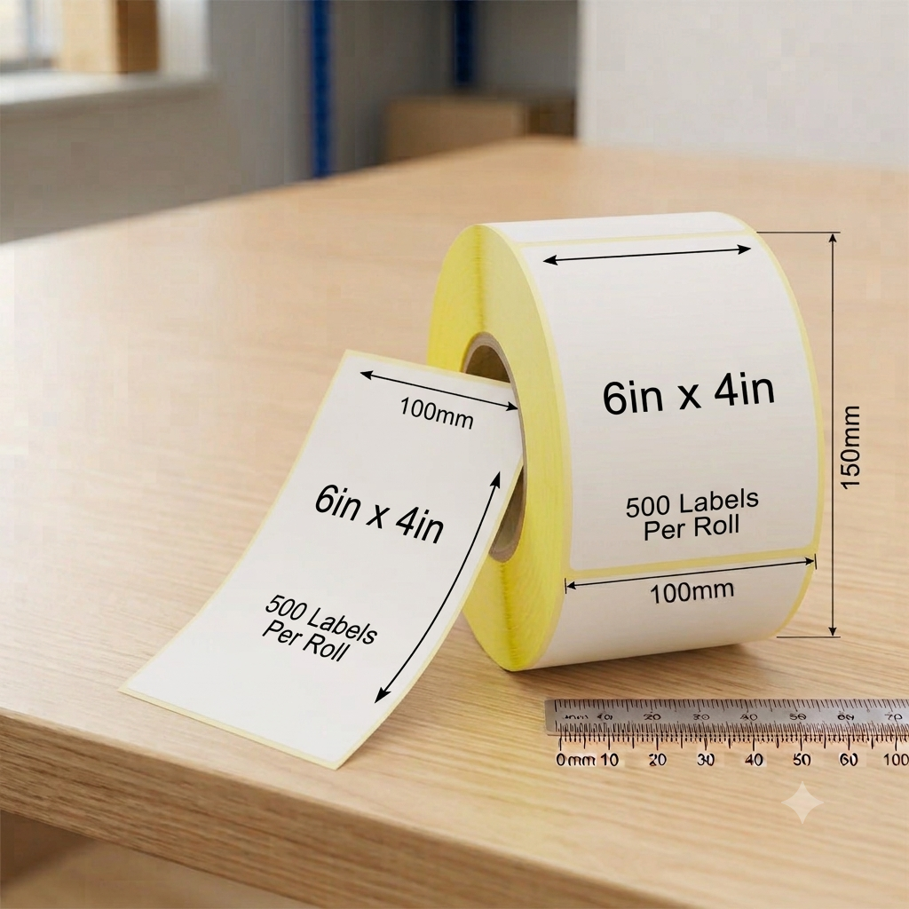 Premium Direct Thermal Labels, Top Grade Adhesive, Size 100mmx150mm, 40mm Core, 500 Labels Per Roll, White