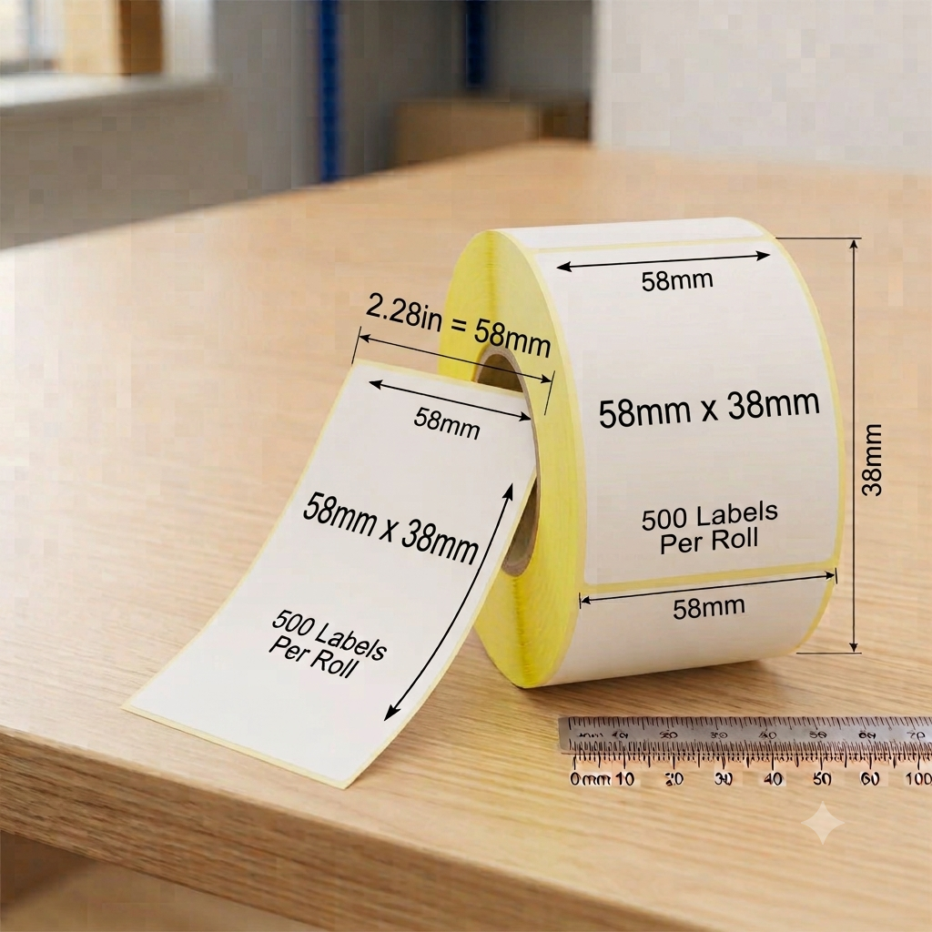 Premium Direct Thermal Labels, Top Grade Adhesive, Weighing Scale Label, Size 58mmx38mm, 40mm Core, 100 Labels Per Roll, White