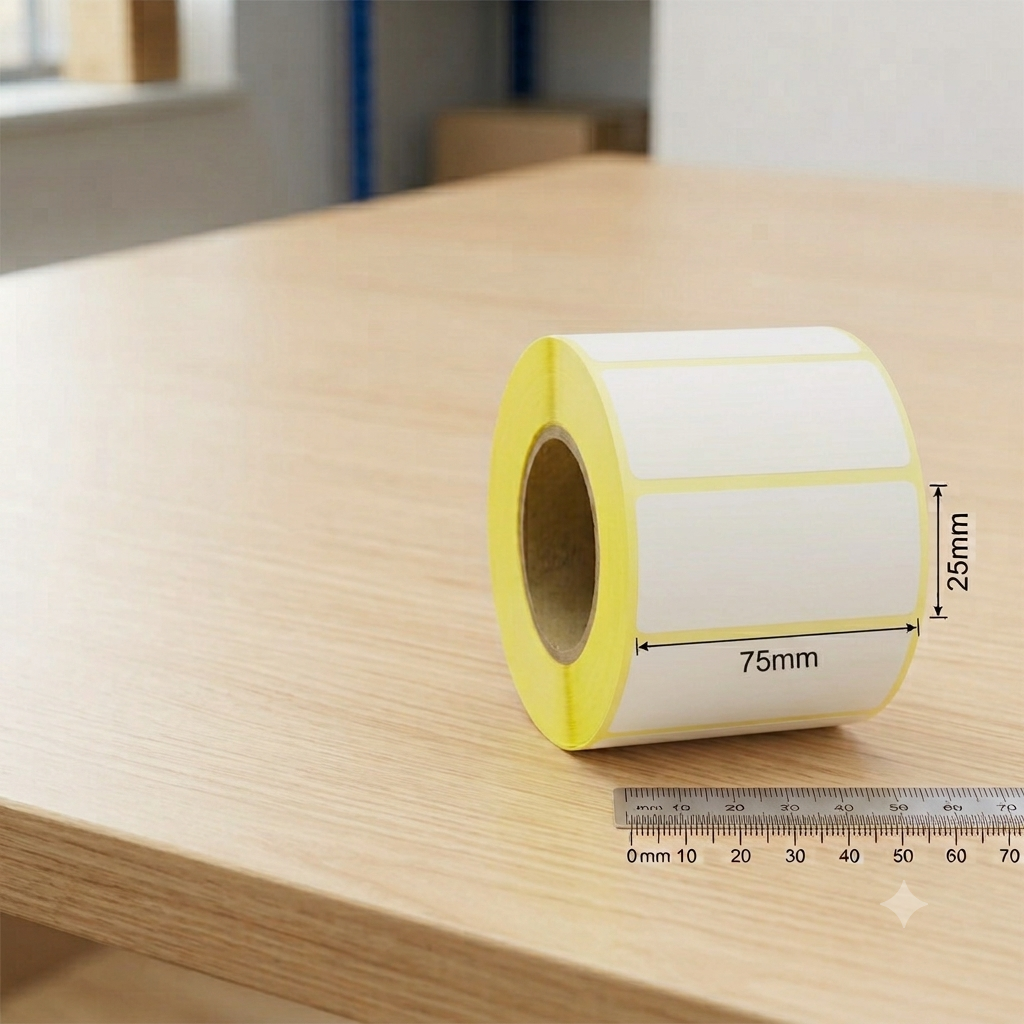 Premium Direct Thermal Labels, Top Grade Adhesive, Size 75mmx25mm, 40mm Core, 1000 Labels Per Roll, White