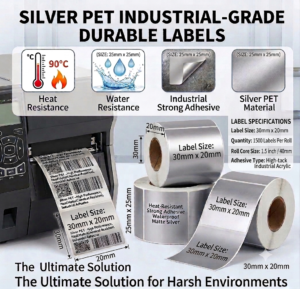PET Silver Premium Grade Labels, Size 30mmx20mm, 1000 Tags Per Roll, Silver Color