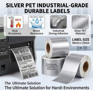 PET Silver Premium Grade Assets Labels, Size 50mmx25mm, 1000 Tags Per Roll, Silver Color