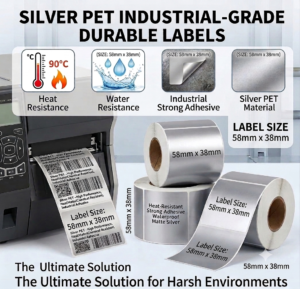 PET Silver Premium Grade Labels, Size 58mmx38mm, 1000 Tags Per Roll, Silver Color