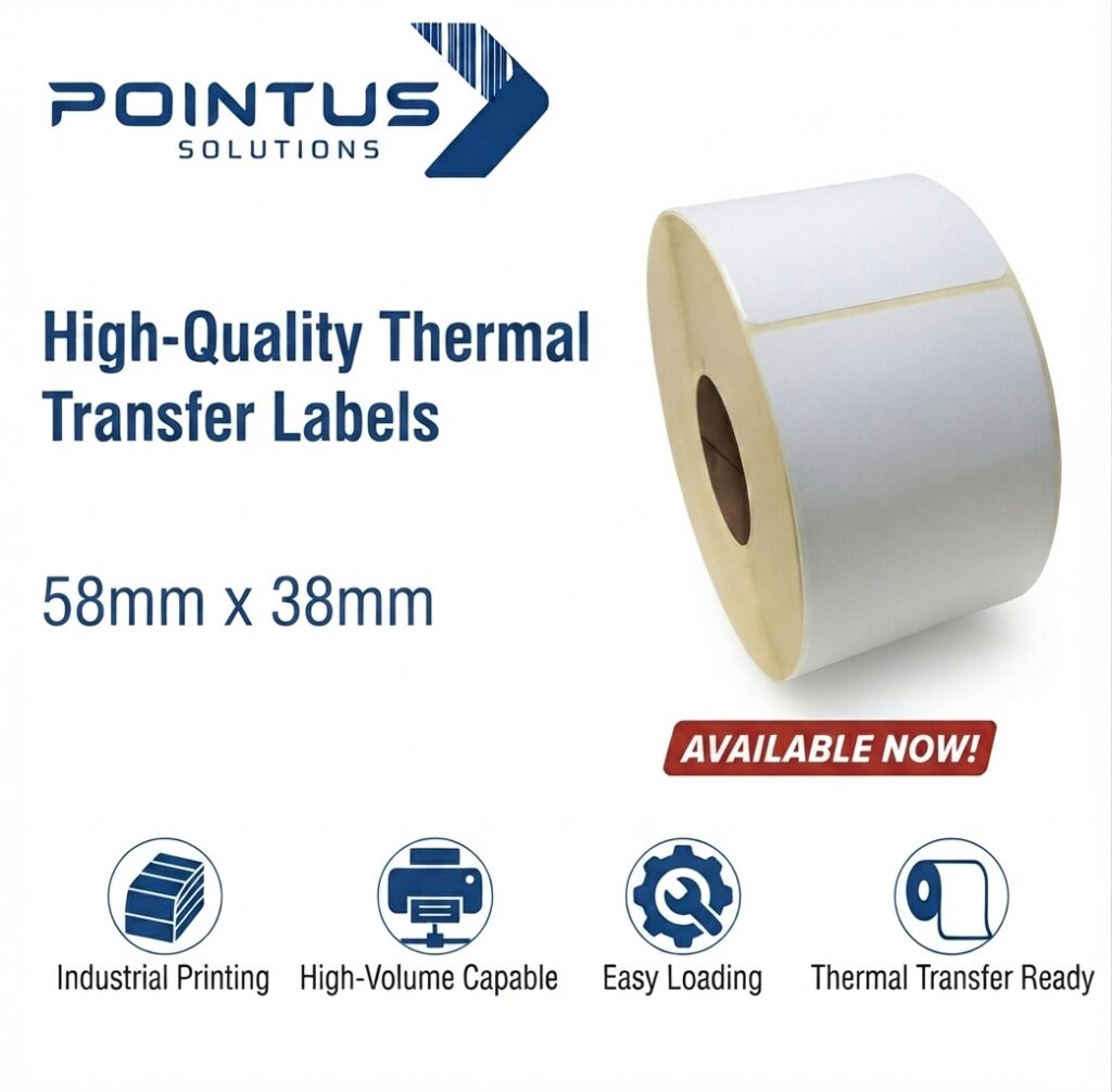 Thermal Transfer Labels (TT), Top Grade Adhesive, Size 58mmx38mm, 40mm Core, 100 Labels Per Roll, White