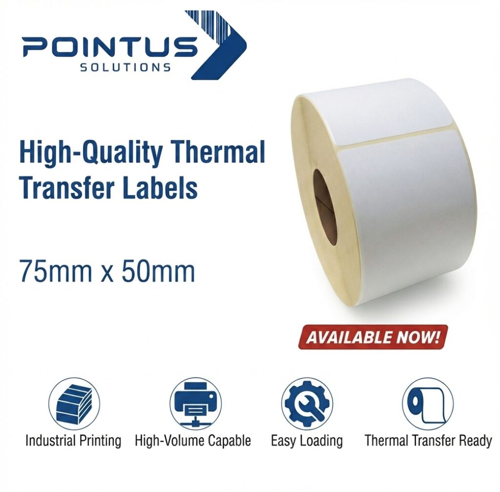 Thermal Transfer Labels (TT), Top Grade Adhesive, Size 75mmx50mm, 40mm Core, 1000 Labels Per Roll, White