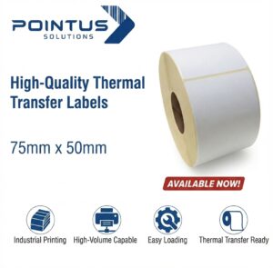 Thermal Transfer Labels (TT), Top Grade Adhesive, Size 75mmx50mm, 40mm Core, 1000 Labels Per Roll, White